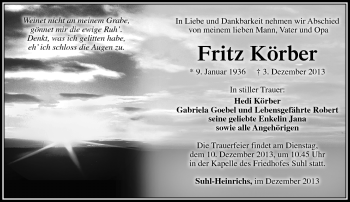 Traueranzeige von Fritz Körber von Südthüringer Presse