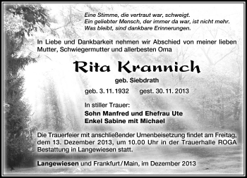 Traueranzeige von Rita Krannich von Südthüringer Presse