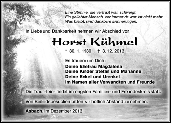 Traueranzeige von Horst Kühmel von Südthüringer Presse