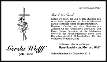 Traueranzeige von Gerda Wolff von Südthüringer Presse