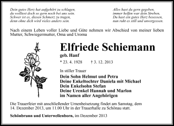 Traueranzeige von Elfriede Schiemann von Südthüringer Presse