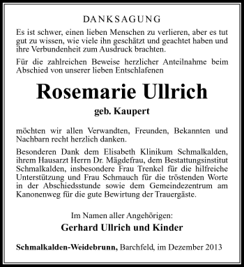 Traueranzeige von Rosemarie Ullrich von Südthüringer Presse