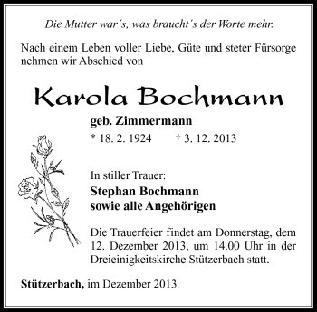 Traueranzeige von Karola Bochmann von Südthüringer Presse