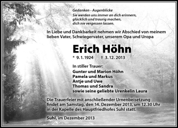 Traueranzeige von Erich Höhn von Südthüringer Presse