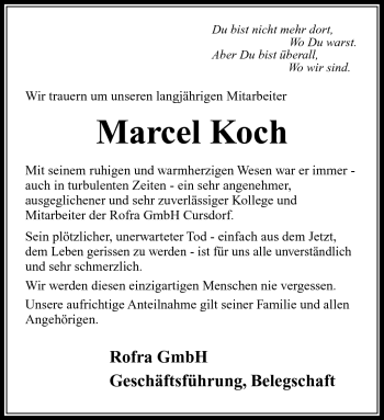 Traueranzeige von Marcel Koch von Südthüringer Presse