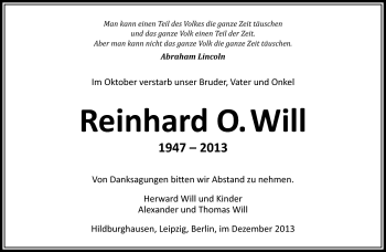 Traueranzeige von Reinhard Will von Südthüringer Presse
