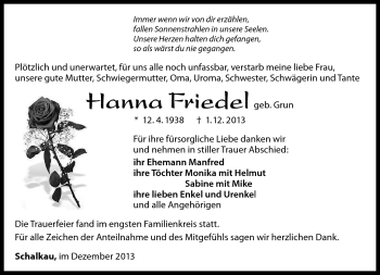 Traueranzeige von Hanna Friedel von Südthüringer Presse