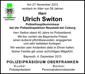 Traueranzeige von Ulrich Switon von Neue Presse Coburg