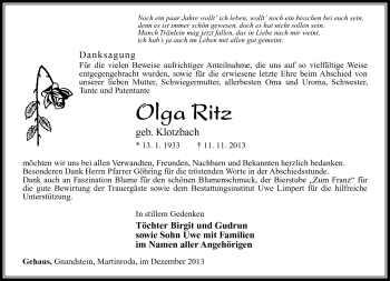 Traueranzeige von Olga Ritz von Südthüringer Presse