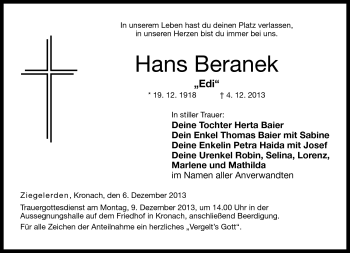Traueranzeige von Hans Beranek von Neue Presse Coburg