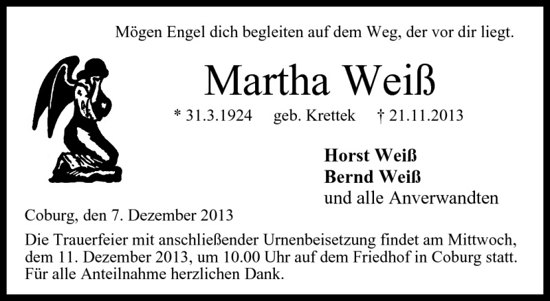  Traueranzeige für Martha Weiß vom 07.12.2013 aus Neue Presse Coburg
