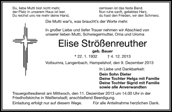 Traueranzeige von Elise Strößenreuther von Frankenpost