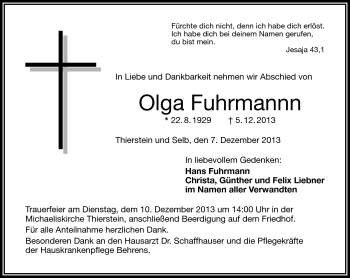 Traueranzeige von Olga Fuhrmann von Frankenpost