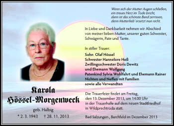 Traueranzeige von Karola Hössel-Morgenweck von Südthüringer Presse