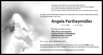 Traueranzeige von Angela Partheymüller von Neue Presse Coburg