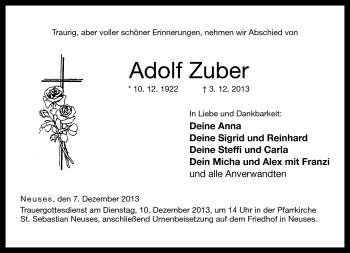 Traueranzeige von Adolf Zuber von Neue Presse Coburg