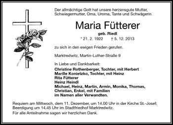 Traueranzeige von Maria Fütterer von Frankenpost