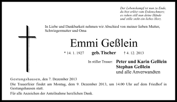 Traueranzeige von Emmi Geßlein von Neue Presse Coburg