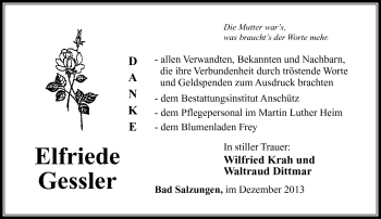 Traueranzeige von Elfriede Gessler von Südthüringer Presse