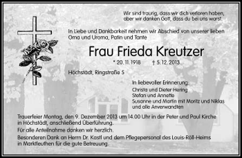 Traueranzeige von Frieda Kreutzer von Frankenpost