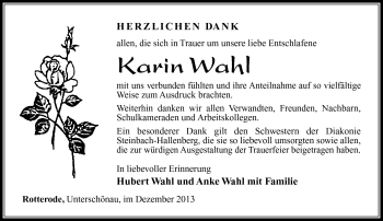 Traueranzeige von Karin Wahl von Südthüringer Presse