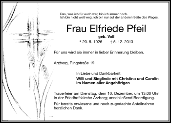 Traueranzeige von Elfriede Pfeil von Frankenpost