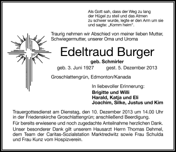 Traueranzeige von Edeltraud Burger von Frankenpost