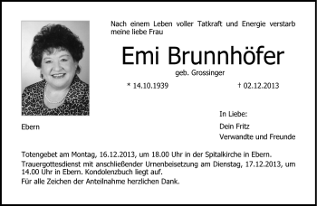 Traueranzeige von Emi Brunnhöfer von Neue Presse Coburg