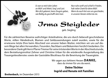 Traueranzeige von Irma Steigleder von Südthüringer Presse