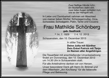 Traueranzeige von Mathilde Schönberg von Frankenpost