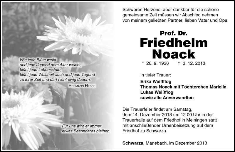 Traueranzeige für Friedhelm Noack vom 10.12.2013 aus Südthüringer Presse