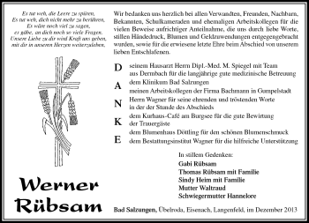 Traueranzeige von Werner Rübsam von Südthüringer Presse