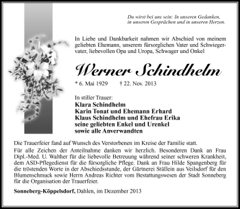 Traueranzeige von Werner Schindhelm von Südthüringer Presse