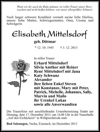 Traueranzeige von Elisabeth Mittelsdorf von Südthüringer Presse