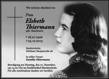 Traueranzeige von Elsbeth Thiermann von Frankenpost