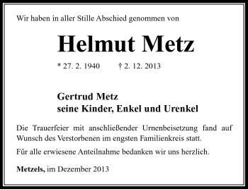 Traueranzeige von Helmut Metz von Südthüringer Presse