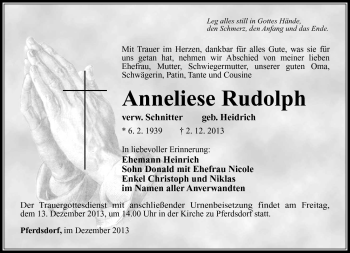 Traueranzeige von Anneliese Rudolph von Südthüringer Presse