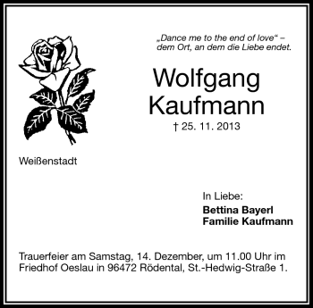 Traueranzeige von Wolfgang Kaufmann von Frankenpost