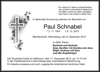 Traueranzeige von Paul Schnabel von Frankenpost