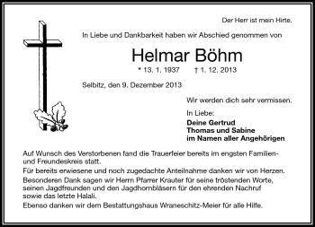 Traueranzeige von Helmar Böhm von Frankenpost