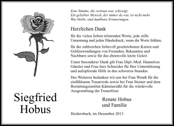Traueranzeige von Siegfried Hobus von Südthüringer Presse
