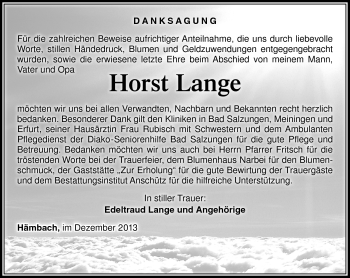 Traueranzeige von Horst Lange von Südthüringer Presse