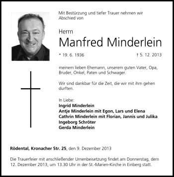 Traueranzeige von Manfred Minderlein von Neue Presse Coburg