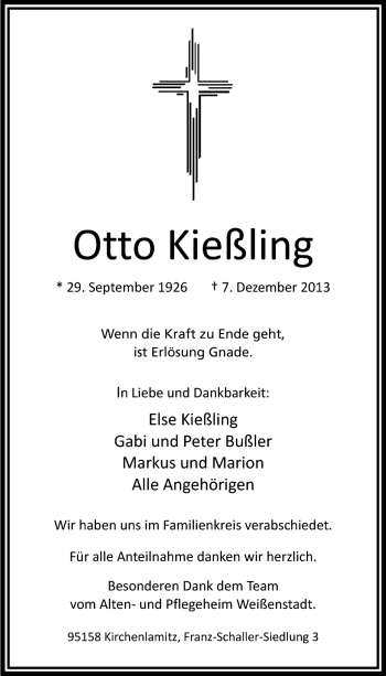 Traueranzeige von Otto Kießling von Frankenpost
