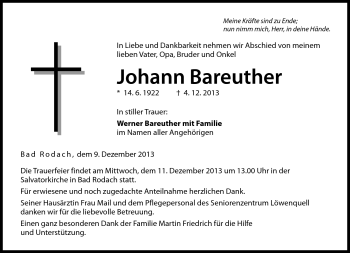 Traueranzeige von Johann Bareuther von Neue Presse Coburg