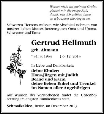 Traueranzeige von Gertrud Hellmuth von Südthüringer Presse