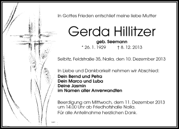 Traueranzeige von Gerda Hillitzer von Frankenpost