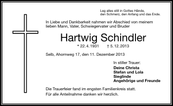 Traueranzeige von Hartwig Schindler von Frankenpost