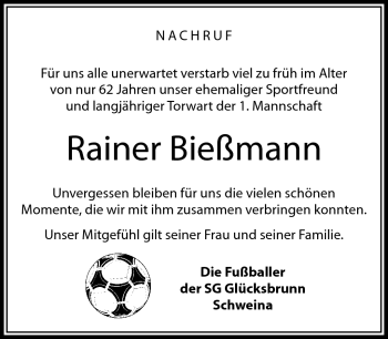 Traueranzeige von Rainer Bießmann von Südthüringer Presse