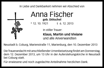 Traueranzeige von Anna Fischer von Neue Presse Coburg